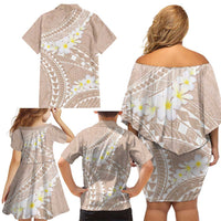 Polynesian Vintage Floral Family Matching Off Shoulder Short Dress and Hawaiian Shirt Beige Motifs - Polynesian Pride