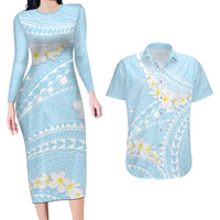 Polynesian Vintage Floral Couples Matching Long Sleeve Bodycon Dress and Hawaiian Shirt Azure Motifs - Polynesian Pride