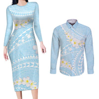 Polynesian Vintage Floral Couples Matching Long Sleeve Bodycon Dress and Long Sleeve Button Shirt Azure Motifs - Polynesian Pride