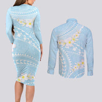 Polynesian Vintage Floral Couples Matching Long Sleeve Bodycon Dress and Long Sleeve Button Shirt Azure Motifs - Polynesian Pride
