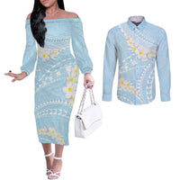 Polynesian Vintage Floral Couples Matching Off The Shoulder Long Sleeve Dress and Long Sleeve Button Shirt Azure Motifs - Polynesian Pride