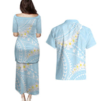 Polynesian Vintage Floral Couples Matching Puletasi and Hawaiian Shirt Azure Motifs - Polynesian Pride