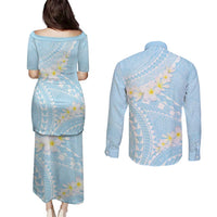 Polynesian Vintage Floral Couples Matching Puletasi and Long Sleeve Button Shirt Azure Motifs - Polynesian Pride