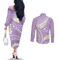 Polynesian Vintage Floral Couples Matching Off The Shoulder Long Sleeve Dress and Long Sleeve Button Shirt Lavender Motifs - Polynesian Pride