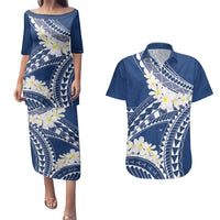 Polynesian Vintage Floral Couples Matching Puletasi and Hawaiian Shirt Navy Blue Motifs - Polynesian Pride