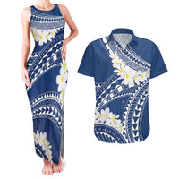 Polynesian Vintage Floral Couples Matching Tank Maxi Dress and Hawaiian Shirt Navy Blue Motifs - Polynesian Pride