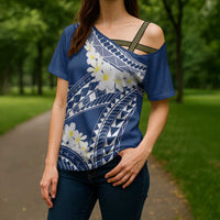 Polynesian Vintage Floral Cross Shoulder Shirt Navy Blue Motifs - Polynesian Pride