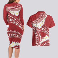 Polynesian Vintage Floral Couples Matching Long Sleeve Bodycon Dress and Hawaiian Shirt Scarlet Motifs - Polynesian Pride