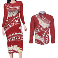 Polynesian Vintage Floral Couples Matching Long Sleeve Bodycon Dress and Long Sleeve Button Shirt Scarlet Motifs - Polynesian Pride