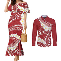 Polynesian Vintage Floral Couples Matching Mermaid Dress and Long Sleeve Button Shirt Scarlet Motifs - Polynesian Pride