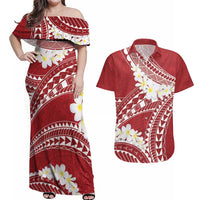 Polynesian Vintage Floral Couples Matching Off Shoulder Maxi Dress and Hawaiian Shirt Scarlet Motifs - Polynesian Pride