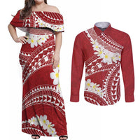 Polynesian Vintage Floral Couples Matching Off Shoulder Maxi Dress and Long Sleeve Button Shirt Scarlet Motifs - Polynesian Pride