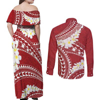 Polynesian Vintage Floral Couples Matching Off Shoulder Maxi Dress and Long Sleeve Button Shirt Scarlet Motifs - Polynesian Pride