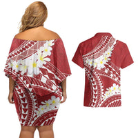 Polynesian Vintage Floral Couples Matching Off Shoulder Short Dress and Hawaiian Shirt Scarlet Motifs - Polynesian Pride