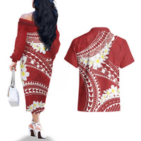 Polynesian Vintage Floral Couples Matching Off The Shoulder Long Sleeve Dress and Hawaiian Shirt Scarlet Motifs - Polynesian Pride