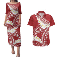 Polynesian Vintage Floral Couples Matching Puletasi and Hawaiian Shirt Scarlet Motifs - Polynesian Pride