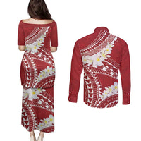 Polynesian Vintage Floral Couples Matching Puletasi and Long Sleeve Button Shirt Scarlet Motifs LT7 - Polynesian Pride