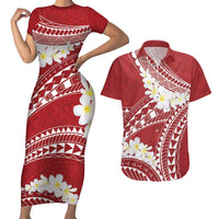 Polynesian Vintage Floral Couples Matching Short Sleeve Bodycon Dress and Hawaiian Shirt Scarlet Motifs - Polynesian Pride