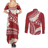 Polynesian Vintage Floral Couples Matching Summer Maxi Dress and Long Sleeve Button Shirt Scarlet Motifs - Polynesian Pride