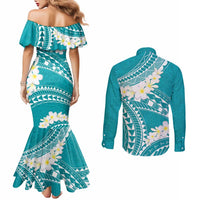 Polynesian Vintage Floral Couples Matching Mermaid Dress and Long Sleeve Button Shirt Teal Motifs - Polynesian Pride
