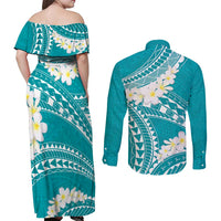 Polynesian Vintage Floral Couples Matching Off Shoulder Maxi Dress and Long Sleeve Button Shirt Teal Motifs - Polynesian Pride