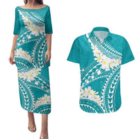Polynesian Vintage Floral Couples Matching Puletasi and Hawaiian Shirt Teal Motifs - Polynesian Pride