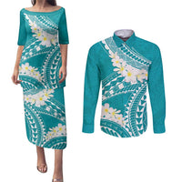 Polynesian Vintage Floral Couples Matching Puletasi and Long Sleeve Button Shirt Teal Motifs - Polynesian Pride