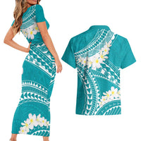 Polynesian Vintage Floral Couples Matching Short Sleeve Bodycon Dress and Hawaiian Shirt Teal Motifs - Polynesian Pride