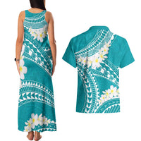 Polynesian Vintage Floral Couples Matching Tank Maxi Dress and Hawaiian Shirt Teal Motifs - Polynesian Pride