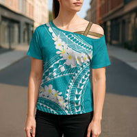 Polynesian Vintage Floral Cross Shoulder Shirt Teal Motifs - Polynesian Pride