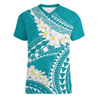 Polynesian Vintage Floral Women V-Neck T-Shirt Teal Motifs - Polynesian Pride
