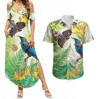 New Zealand Maori Mahuru Couples Matching Summer Maxi Dress and Hawaiian Shirt Tui With Pikawakawa Spring Colors LT7 Multicolor - Polynesian Pride