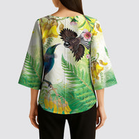 New Zealand Maori Mahuru Kimono Sleeve Blouse Tui With Pikawakawa Spring Colors LT7 - Polynesian Pride