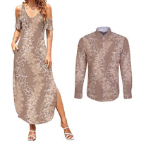Hawaii Plumeria Lei Couples Matching Summer Maxi Dress and Long Sleeve Button Shirt Aloha Festive Vibe - Beige