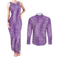 Hawaii Plumeria Lei Couples Matching Tank Maxi Dress and Long Sleeve Button Shirt Aloha Festive Vibe - Violet