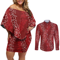 Hawaii Plumeria Lei Couples Matching Off Shoulder Short Dress and Long Sleeve Button Shirt Aloha Festive Vibe - Crimson
