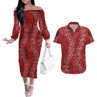Hawaii Plumeria Lei Couples Matching Off The Shoulder Long Sleeve Dress and Hawaiian Shirt Aloha Festive Vibe - Crimson