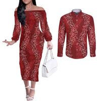 Hawaii Plumeria Lei Couples Matching Off The Shoulder Long Sleeve Dress and Long Sleeve Button Shirt Aloha Festive Vibe - Crimson