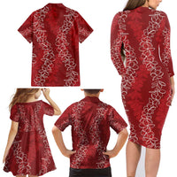 Hawaii Plumeria Lei Family Matching Long Sleeve Bodycon Dress and Hawaiian Shirt Aloha Festive Vibe - Crimson