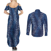 Hawaii Plumeria Lei Couples Matching Summer Maxi Dress and Long Sleeve Button Shirt Aloha Festive Vibe - Navy Blue