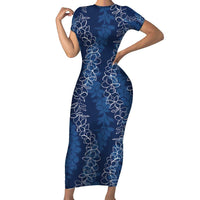 Hawaii Plumeria Lei Short Sleeve Bodycon Dress Aloha Festive Vibe - Navy Blue LT7 Long Dress Navy Blue - Polynesian Pride