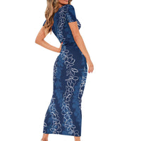 Hawaii Plumeria Lei Short Sleeve Bodycon Dress Aloha Festive Vibe - Navy Blue LT7 - Polynesian Pride