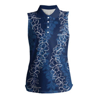Hawaii Plumeria Lei Women Sleeveless Polo Shirt Aloha Festive Vibe - Navy Blue