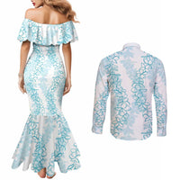 Hawaii Plumeria Lei Couples Matching Mermaid Dress and Long Sleeve Button Shirt Aloha Festive Vibe - Turquoise
