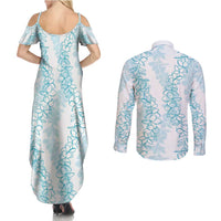 Hawaii Plumeria Lei Couples Matching Summer Maxi Dress and Long Sleeve Button Shirt Aloha Festive Vibe - Turquoise