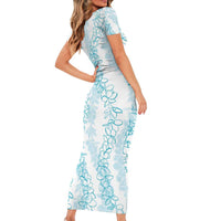 Hawaii Plumeria Lei Short Sleeve Bodycon Dress Aloha Festive Vibe - Turquoise LT7 - Polynesian Pride