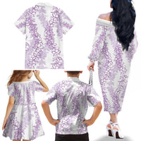 Hawaii Plumeria Lei Family Matching Off The Shoulder Long Sleeve Dress and Hawaiian Shirt Aloha Festive Vibe - Amethyst