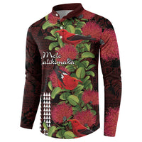 Hawaii Mele Kalikimaka Kakau Button Sweatshirt I'iwi Bird on Ohia Lehua