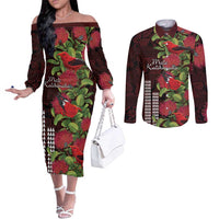 Hawaii Mele Kalikimaka Kakau Couples Matching Off The Shoulder Long Sleeve Dress and Long Sleeve Button Shirt I'iwi Bird on Ohia Lehua