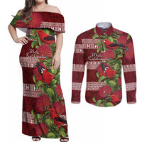 Hawaii Christmas Mele Kalikimaka Couples Matching Off Shoulder Maxi Dress and Long Sleeve Button Shirt I'iwi Bird on Ohia Lehua